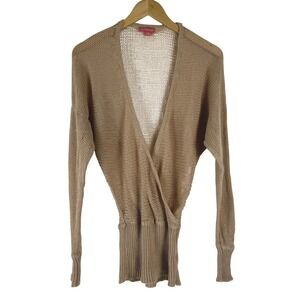 JJ Forever Tan Ramie Cotton Open Mesh Knit Surplice Wrap Sweater Womens Large